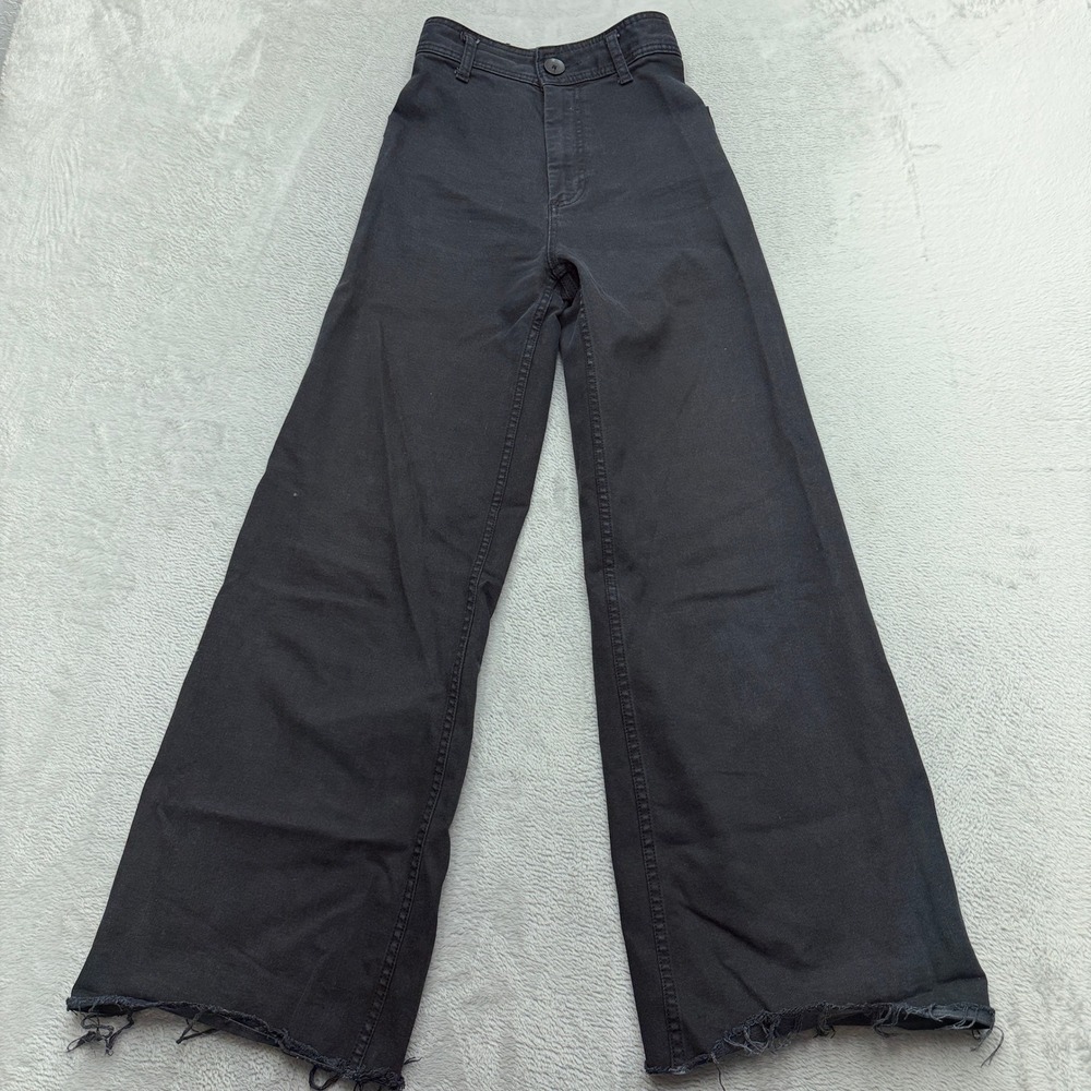 Zara Wide Leg Pants Womens Size 0 High Rise Faded Black Raw Hem Denim